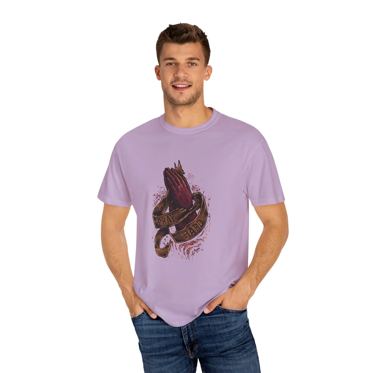 Pray Hard Hands Illustration Graphic Design Art T-Shirt - Sinful Threads