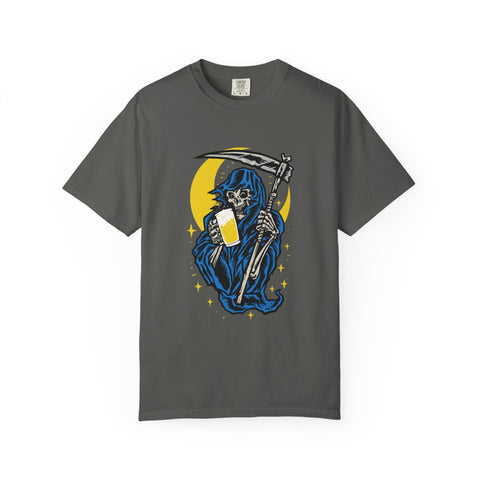 Death Drinks Beer Under The Moon Funny Graphic T-Shirt