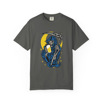 Death Drinks Beer Under The Moon Funny Graphic T-Shirt - Sinful Threads