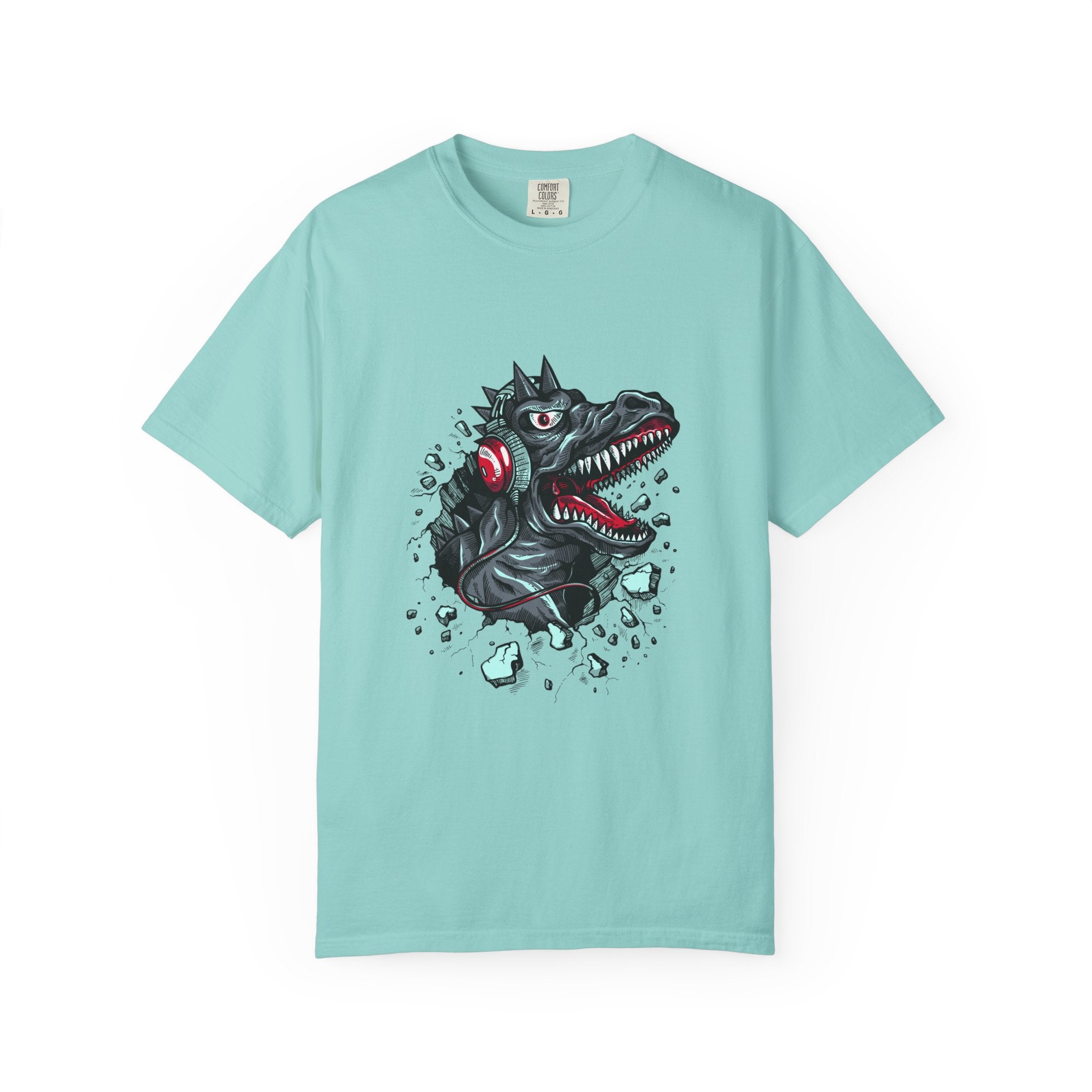 Dinosaur with Headphones Breaking Wall Graphic Design T-Shirt - Sinful Threads