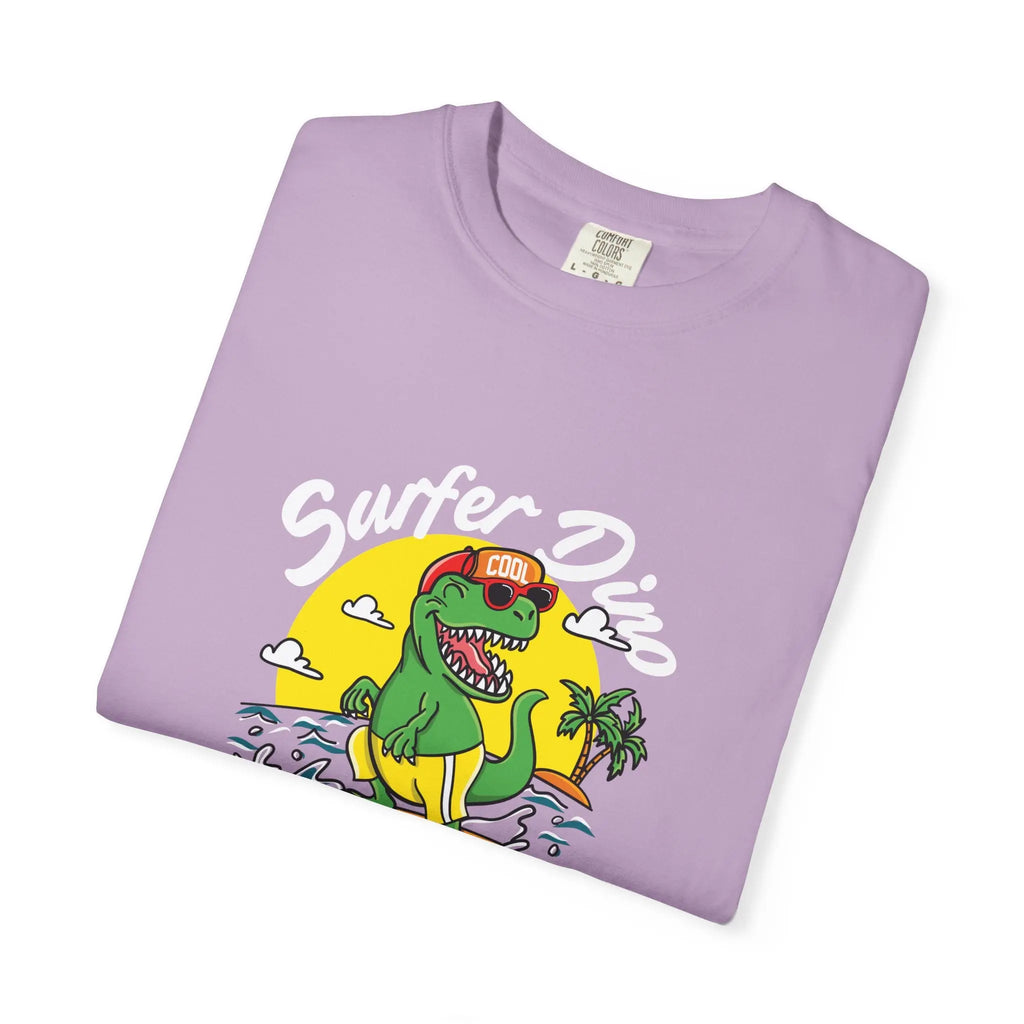 California Dream Surfing Dinosaur In Waves With Palm Tree Graphic T-Shirt - Sinful Threads