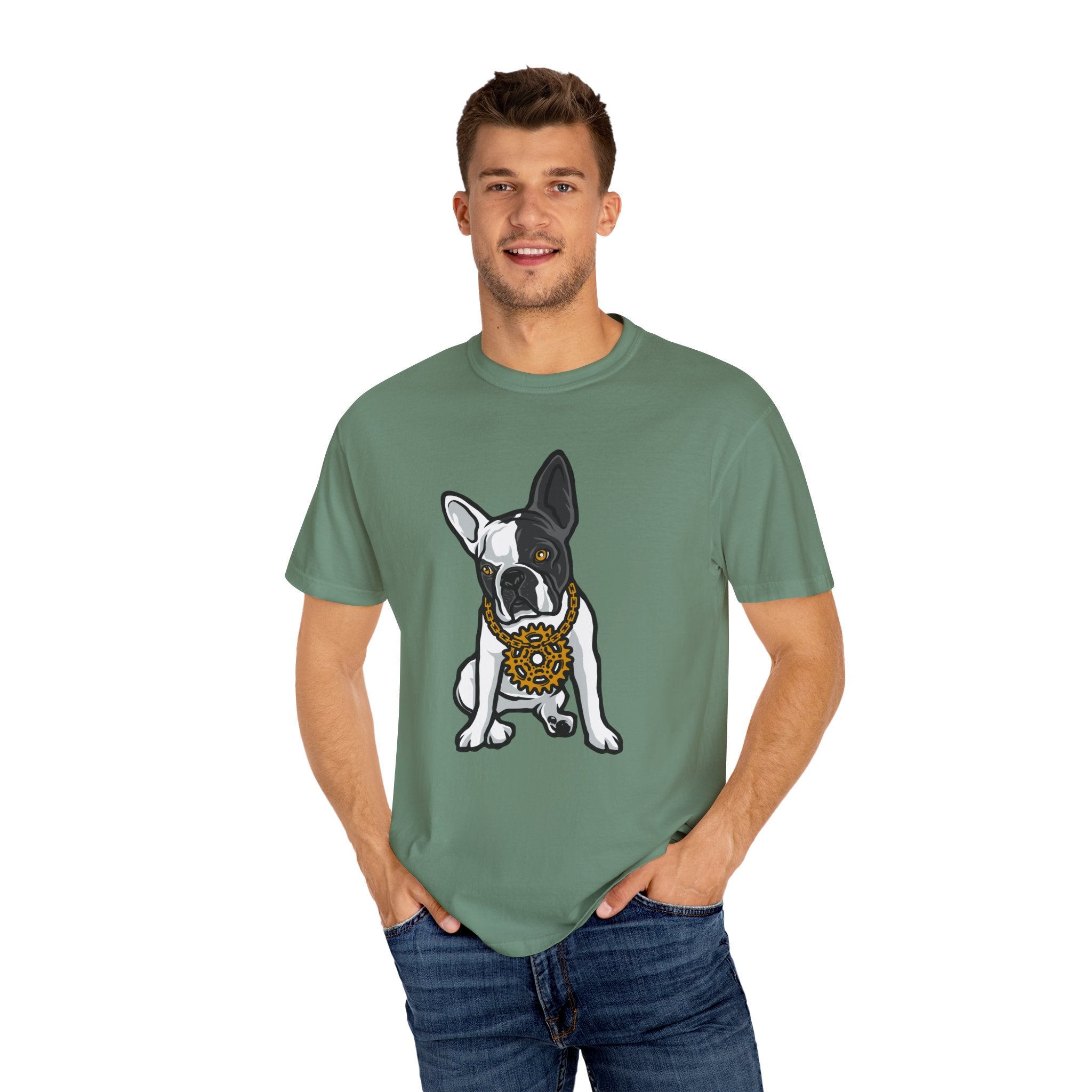 Cartoon French Bulldog with Gear Necklace Cool Dog T-Shirt - Sinful Threads