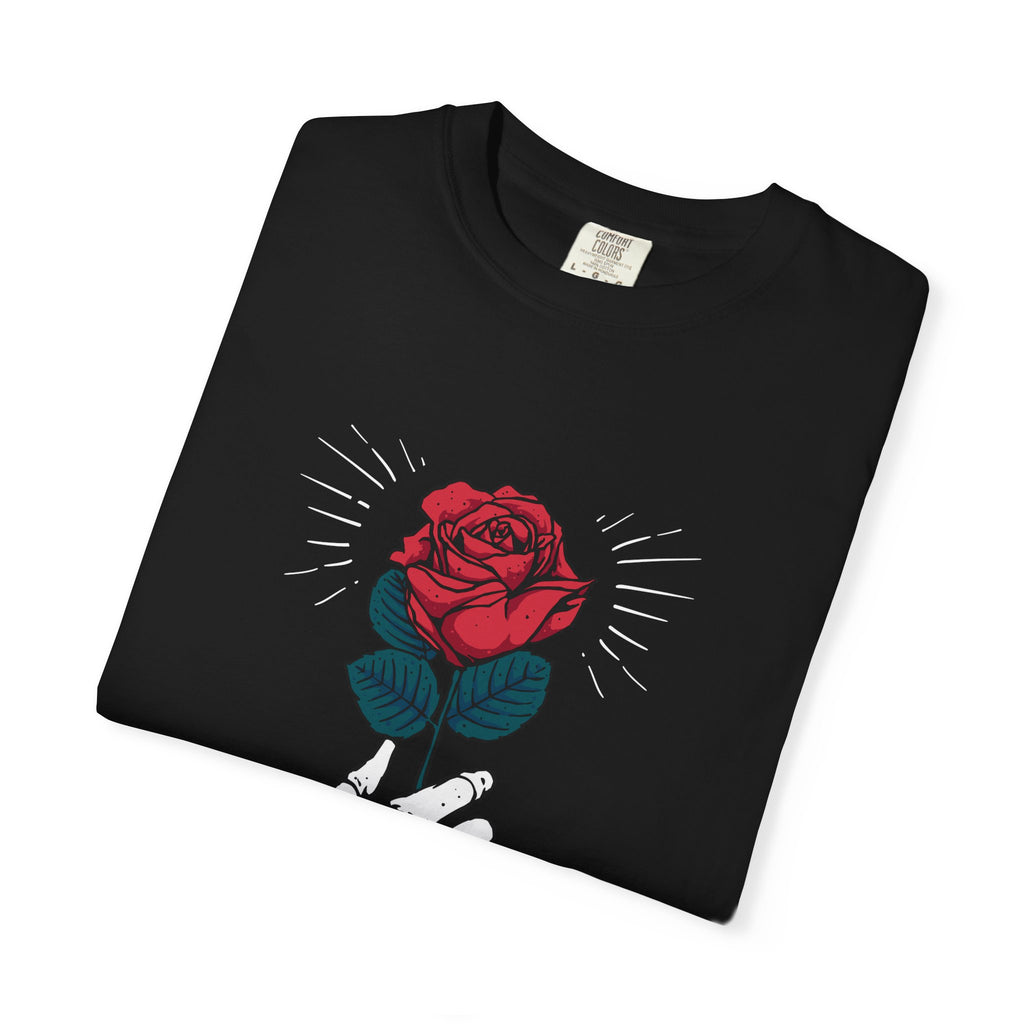 Red Rose In a Skeletal Hand Unique Graphic T-Shirt - Sinful Threads
