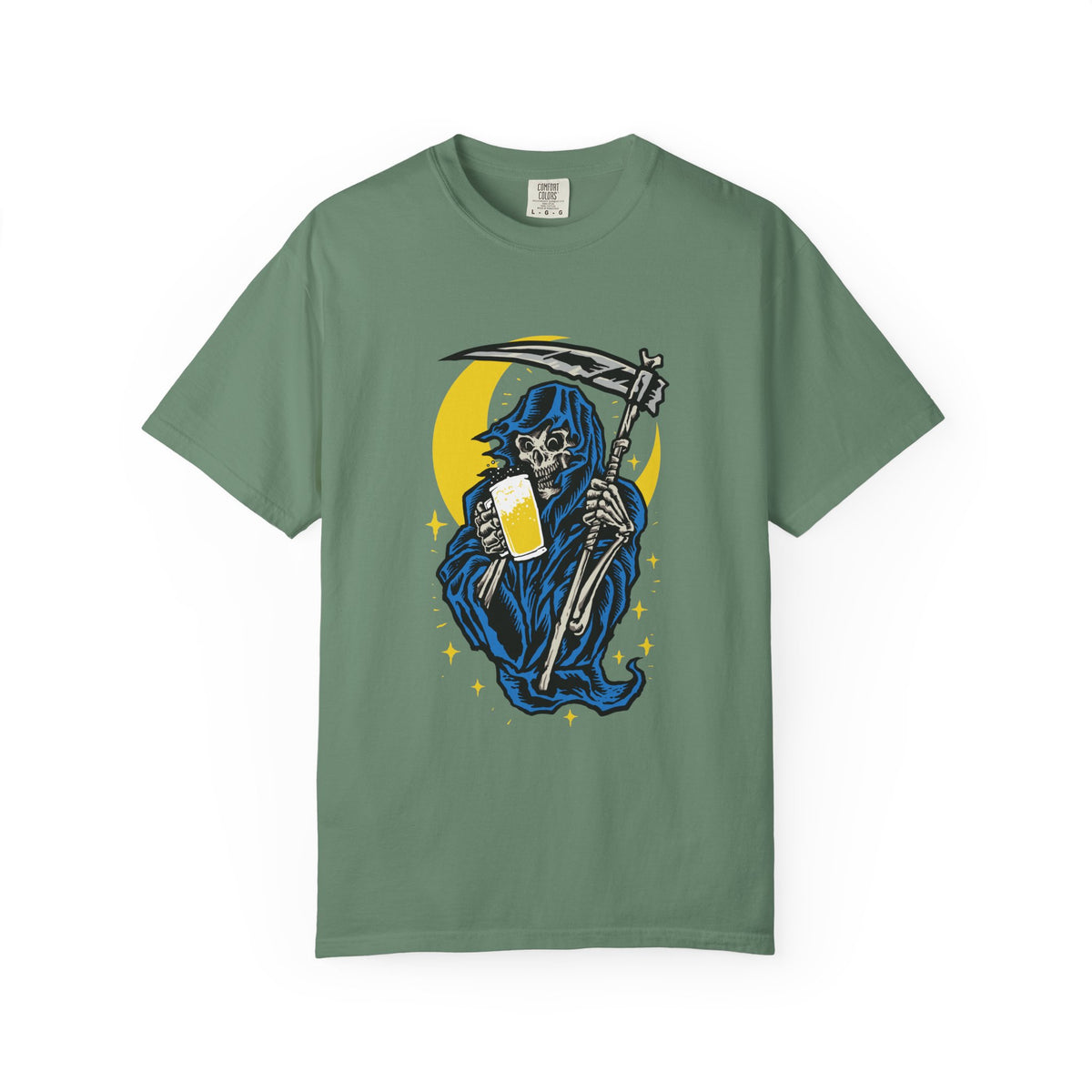 Death Drinks Beer Under The Moon Funny Graphic T-Shirt