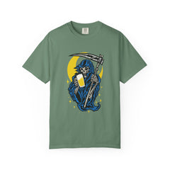 Death Drinks Beer Under The Moon Funny Graphic T-Shirt