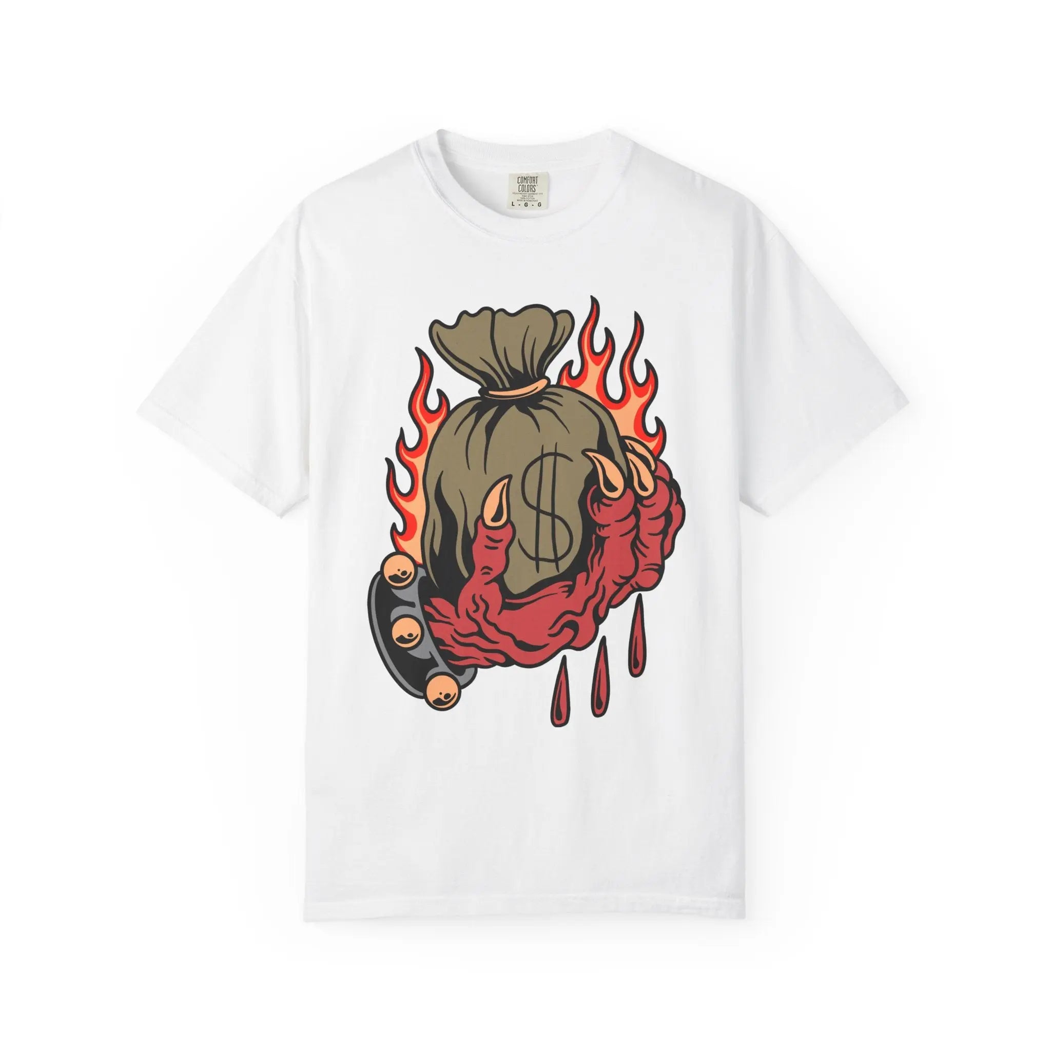 Money Bag Shirt - Devil's Hand Flaming Dollar Tattoo Tee - Sinful Threads