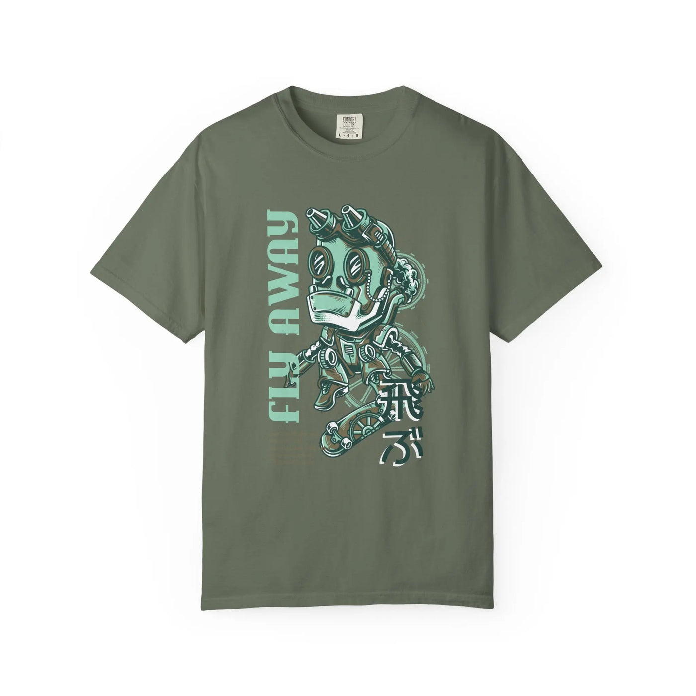 Fly Away Steampunk Robot With Japanese Text Design T-Shirt - Sinful Threads