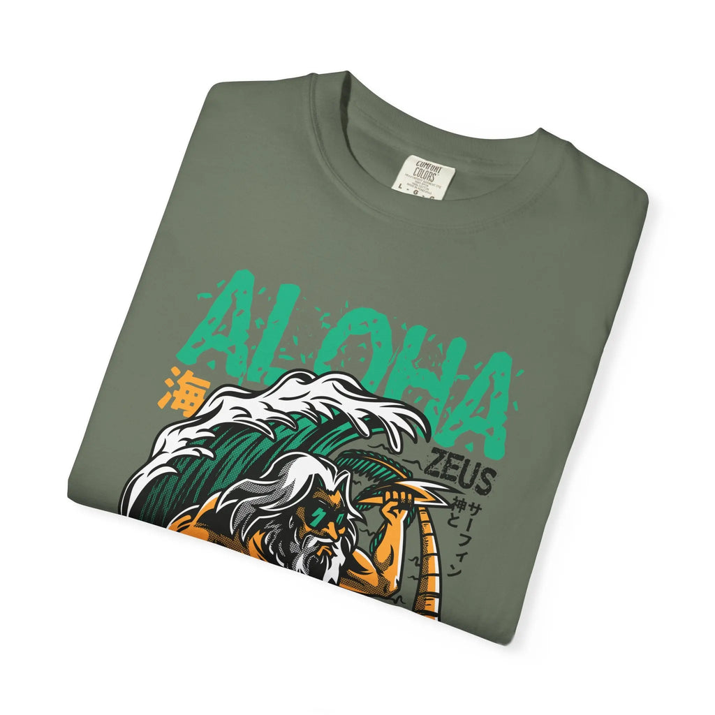 Zeus Surfing Illustration Graphic Design Aloha Text T-Shirt - Sinful Threads