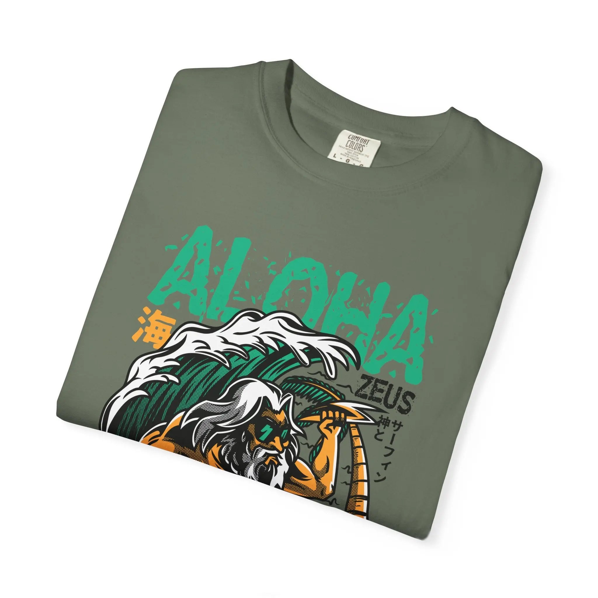 Zeus Surfing Illustration Graphic Design Aloha Text T-Shirt - Sinful Threads