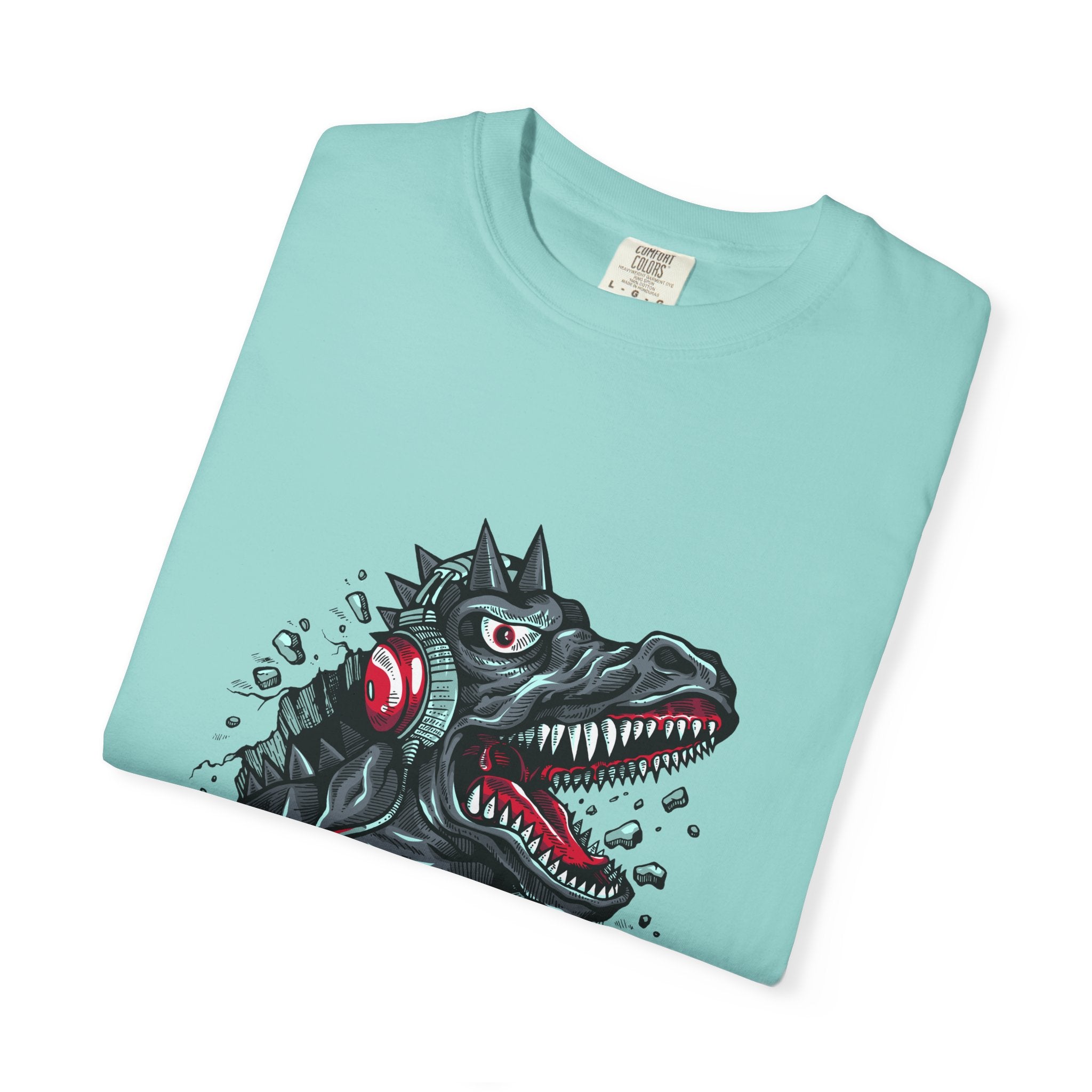 Dinosaur with Headphones Breaking Wall Graphic Design T-Shirt - Sinful Threads