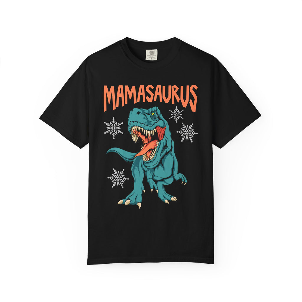 Black t-shirt with a dinosaur graphic and 'Mamasaurus' text on a white background