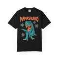 Black t-shirt with a dinosaur graphic and 'Mamasaurus' text on a white background