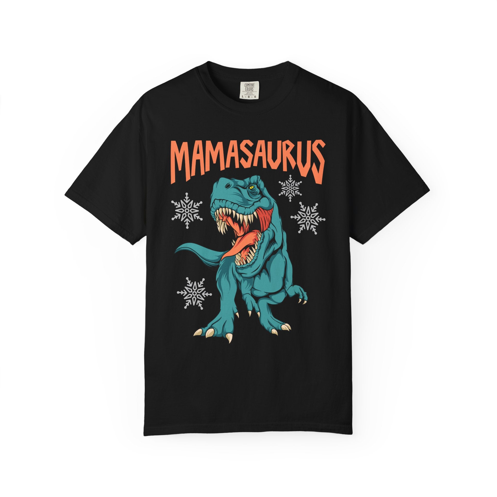 Black t-shirt with a dinosaur graphic and 'Mamasaurus' text on a white background