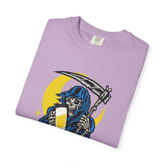 Death Drinks Beer Under The Moon Funny Graphic T-Shirt