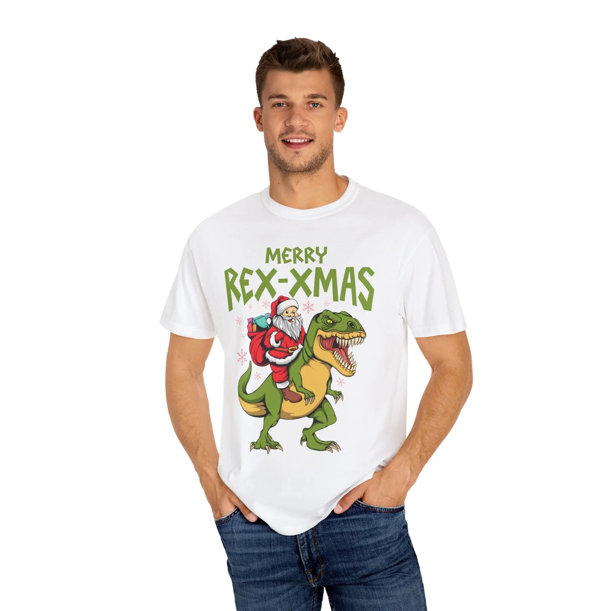 Merry Rex Xmas Tee - Funny Santa Dinosaur Gift - Sinful Threads