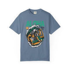 Zeus Surfing Illustration Graphic Design Aloha Text T-Shirt - Sinful Threads