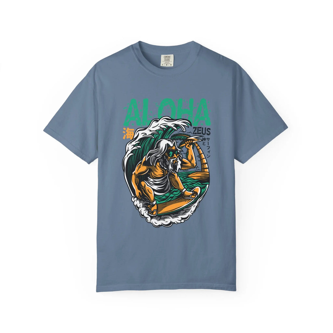 Zeus Surfing Illustration Graphic Design Aloha Text T-Shirt - Sinful Threads