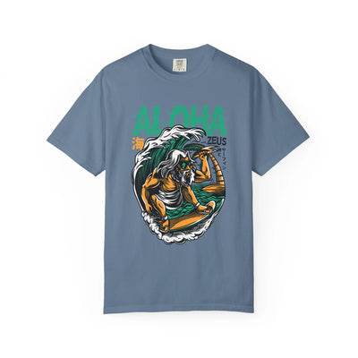 Zeus Surfing Illustration Graphic Design Aloha Text T-Shirt - Sinful Threads