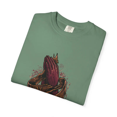 Pray Hard Hands Illustration Graphic Design Art T-Shirt - Sinful Threads