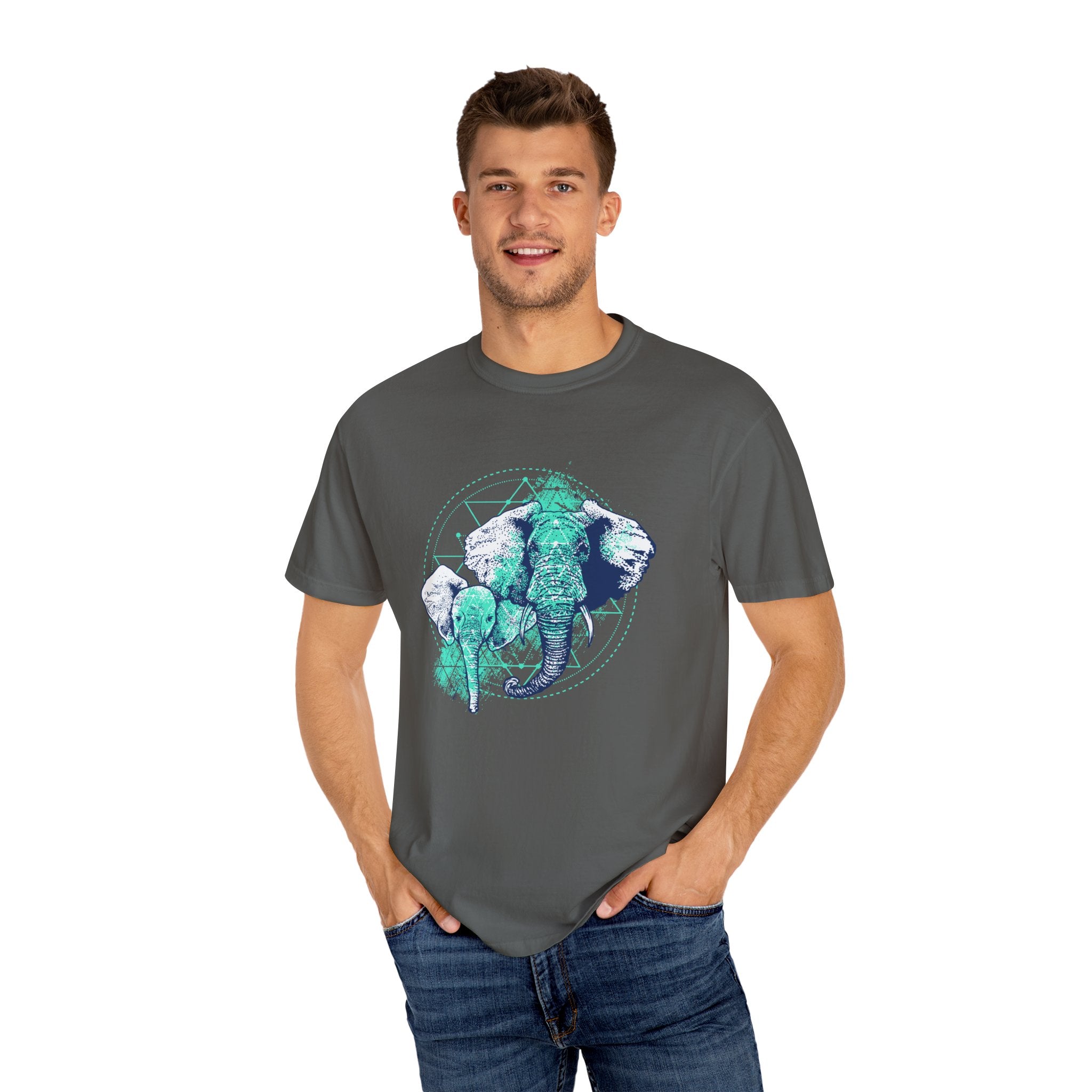Graphic Mother And Baby Elephant Teal Blue Print T-Shirt - Sinful Threads