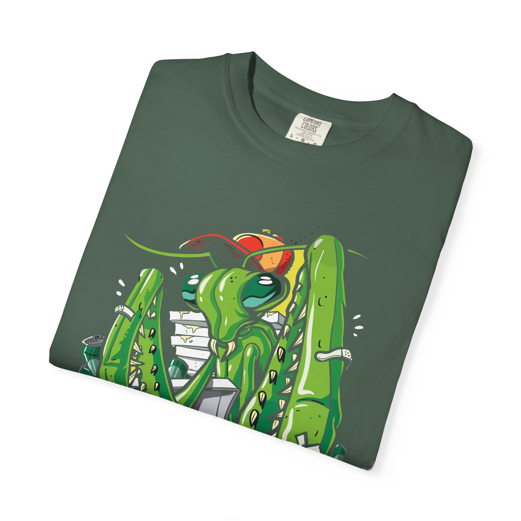 Green Praying Mantis Pizza Tee - Fun Graphic Shirt Design - Sinful Threads