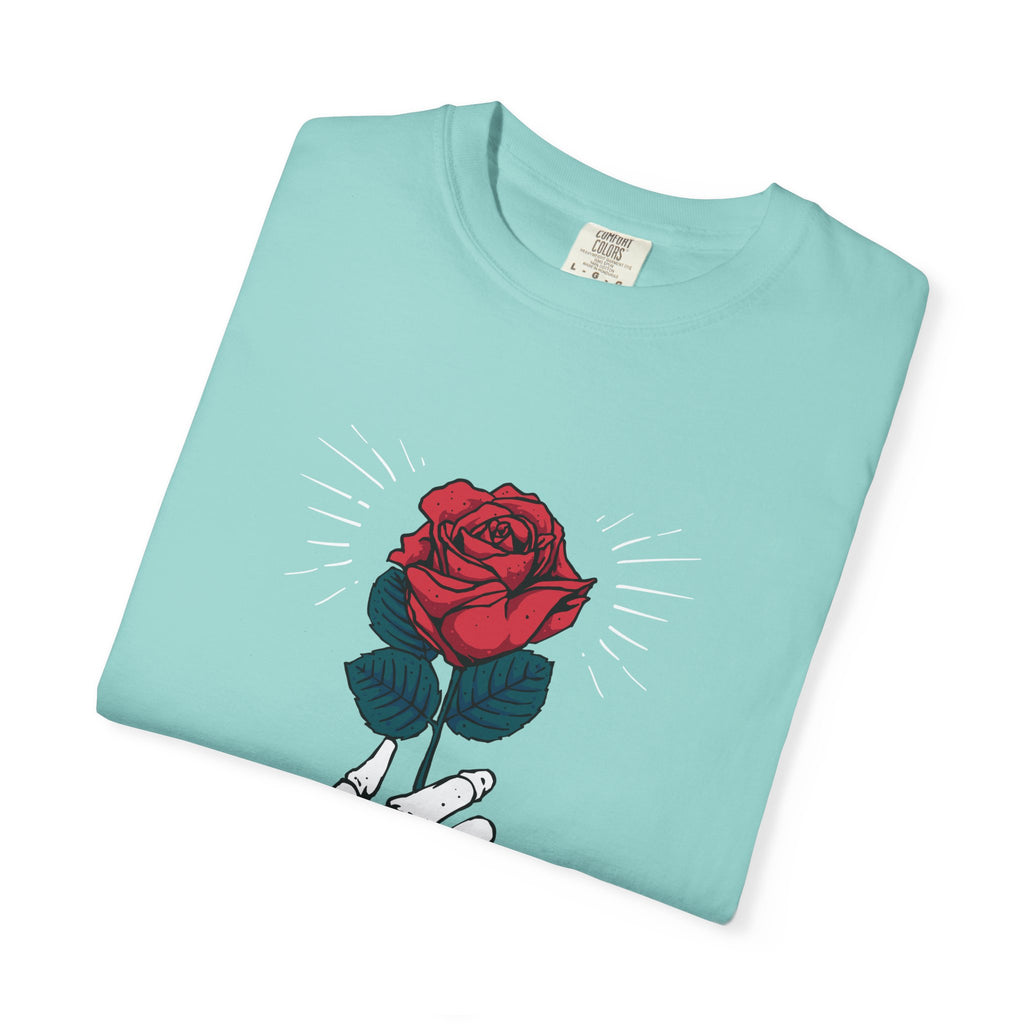 Red Rose In a Skeletal Hand Unique Graphic T-Shirt - Sinful Threads