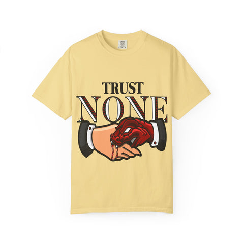 Trust None Tee – Snake Handshake Dark Streetwear
