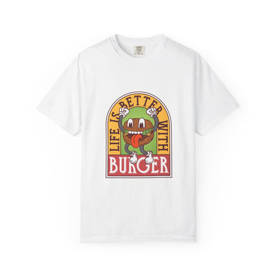 White t-shirt with a colorful graphic and text on a white background