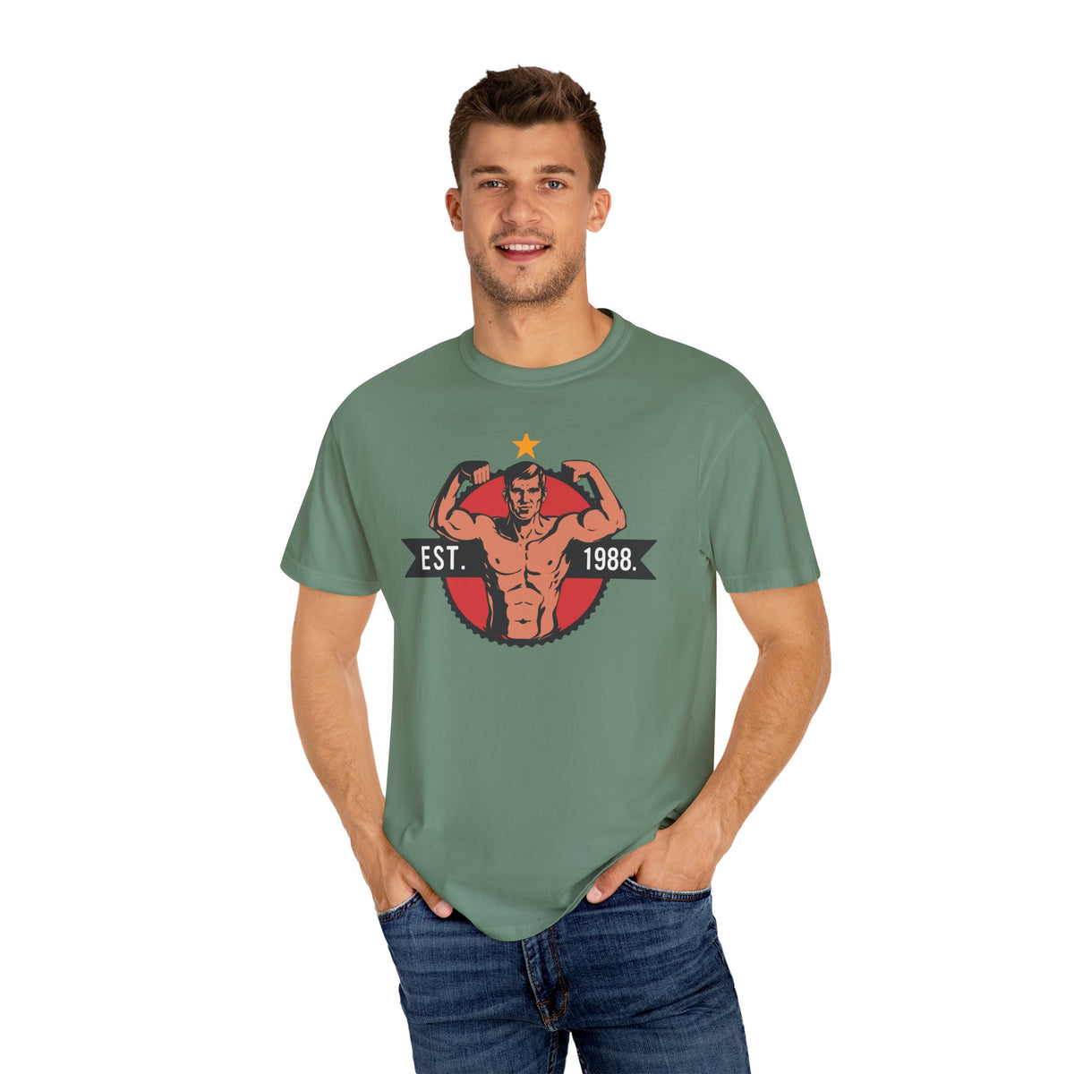 Vintage Bodybuilder Star Emblem Shirt - 1988 Retro Fitness Tee
