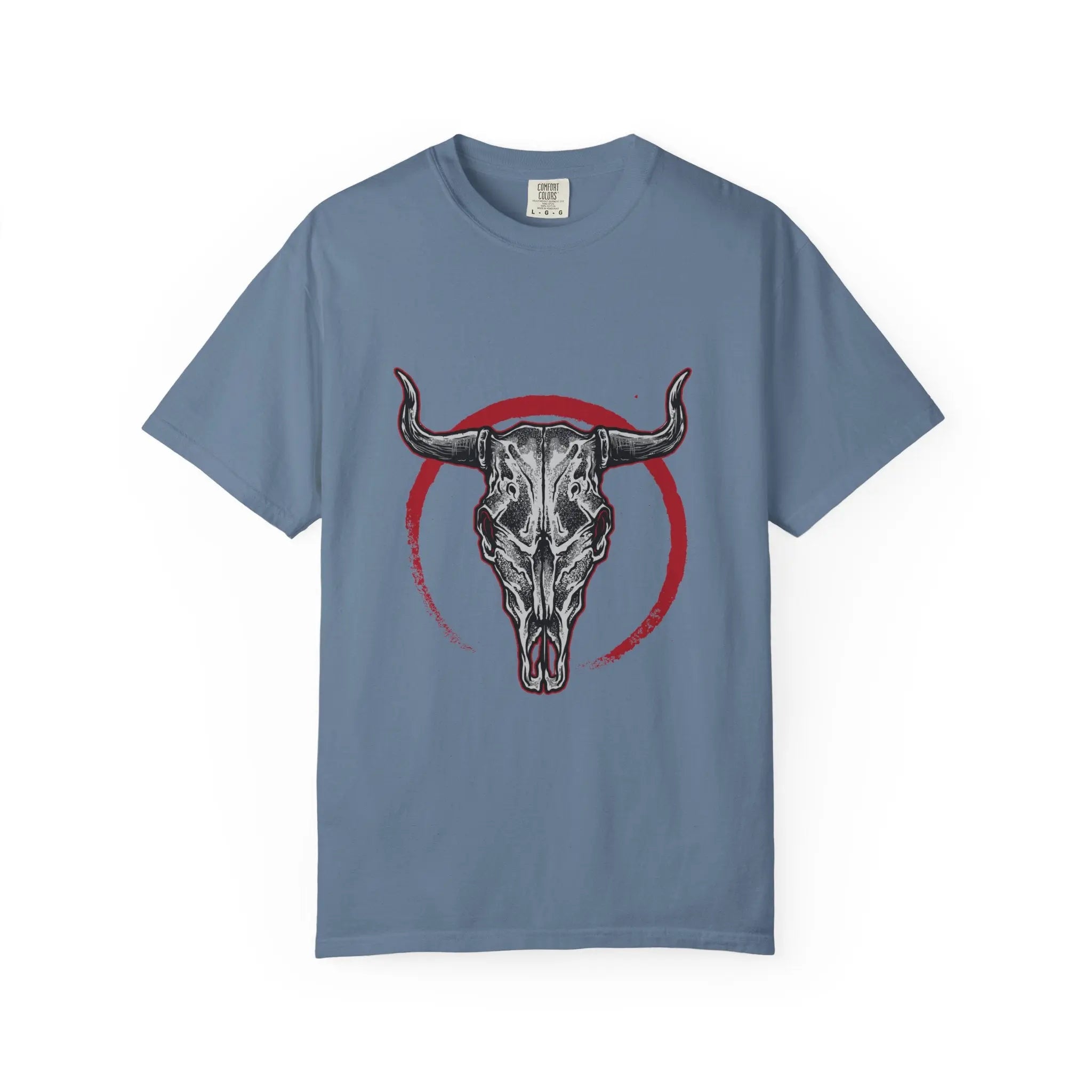 Intricate Bull Skull Design with Red Circle T-Shirt - Sinful Threads