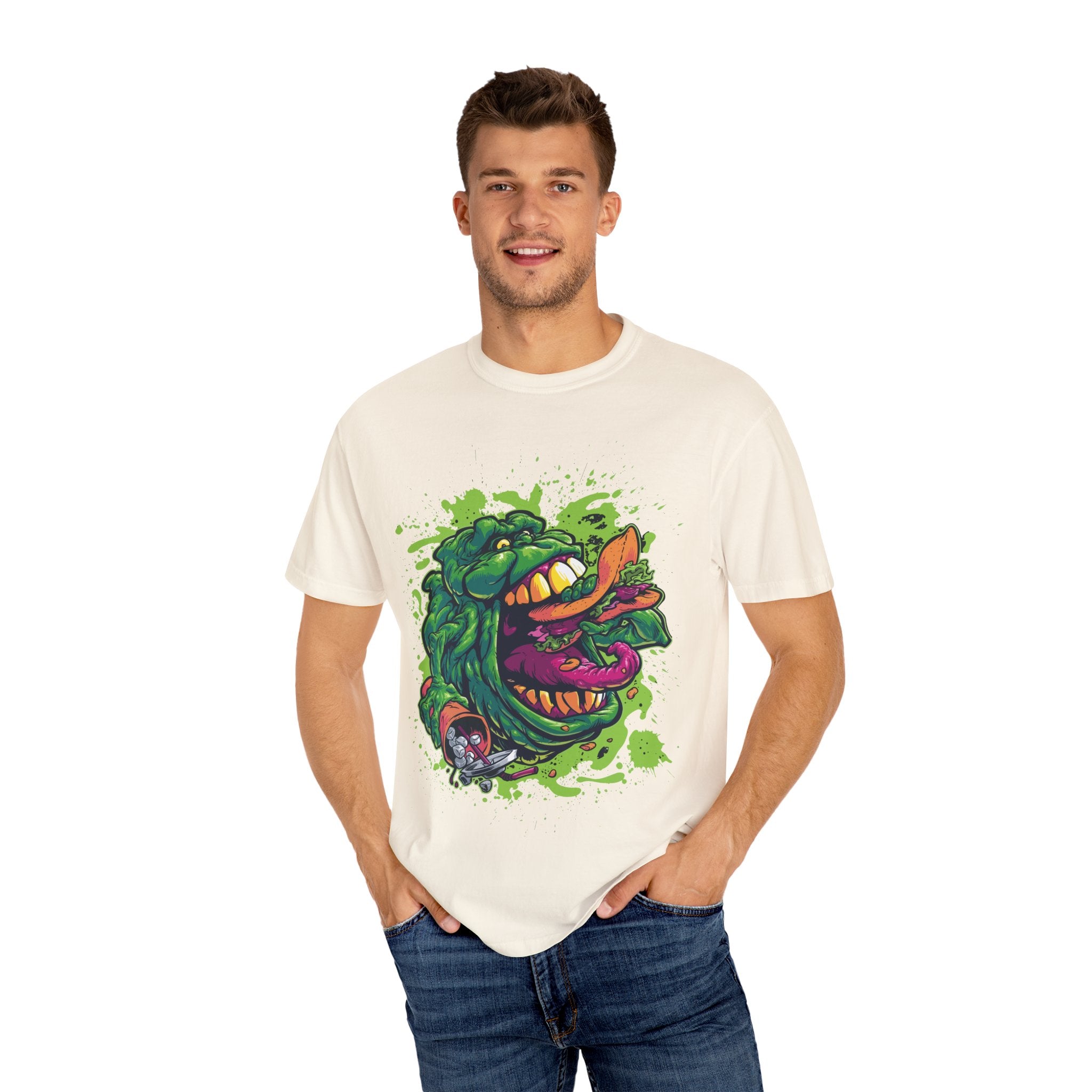 Green Slimy Ghost Tee – 80s Movie Fan Shirt with Humor - Sinful Threads