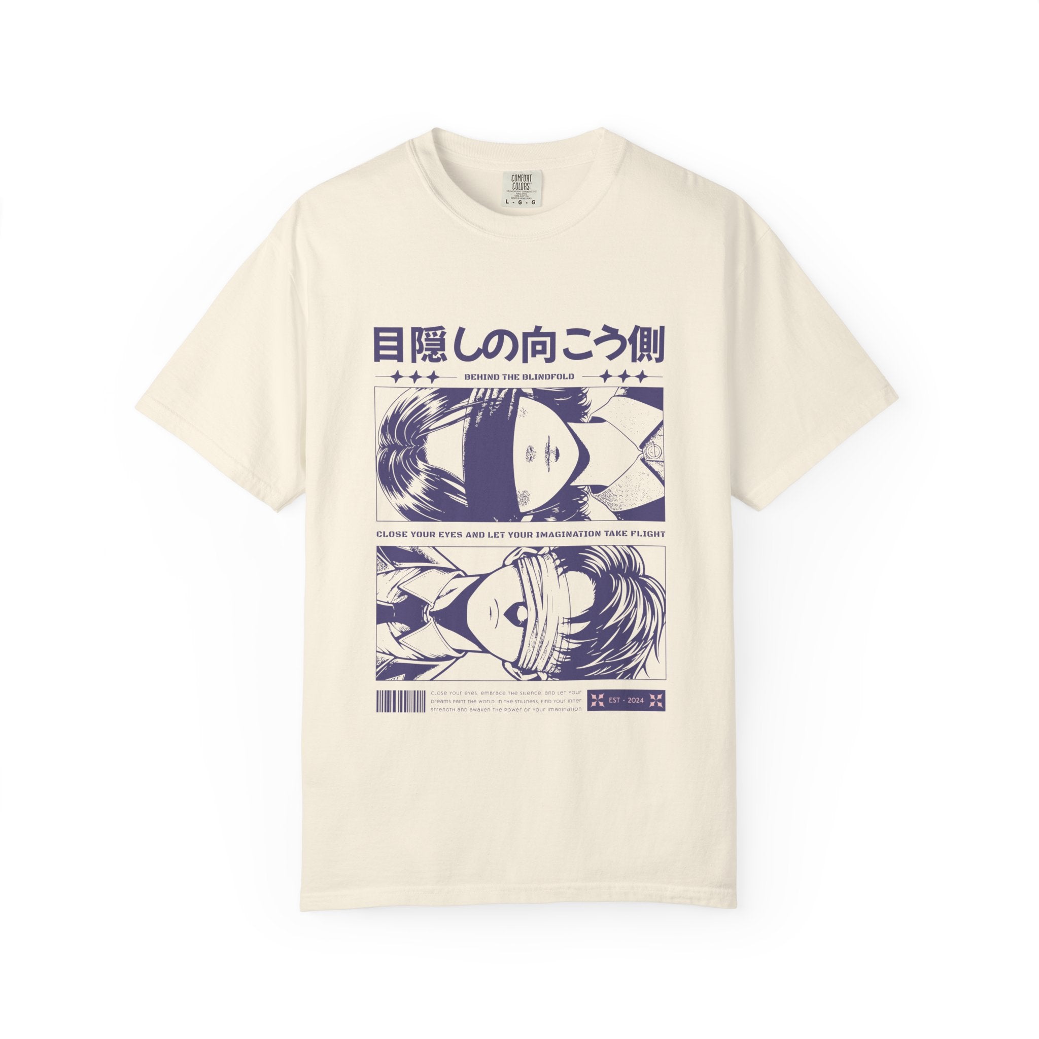 Beige t-shirt with anime-style design and text on a white background