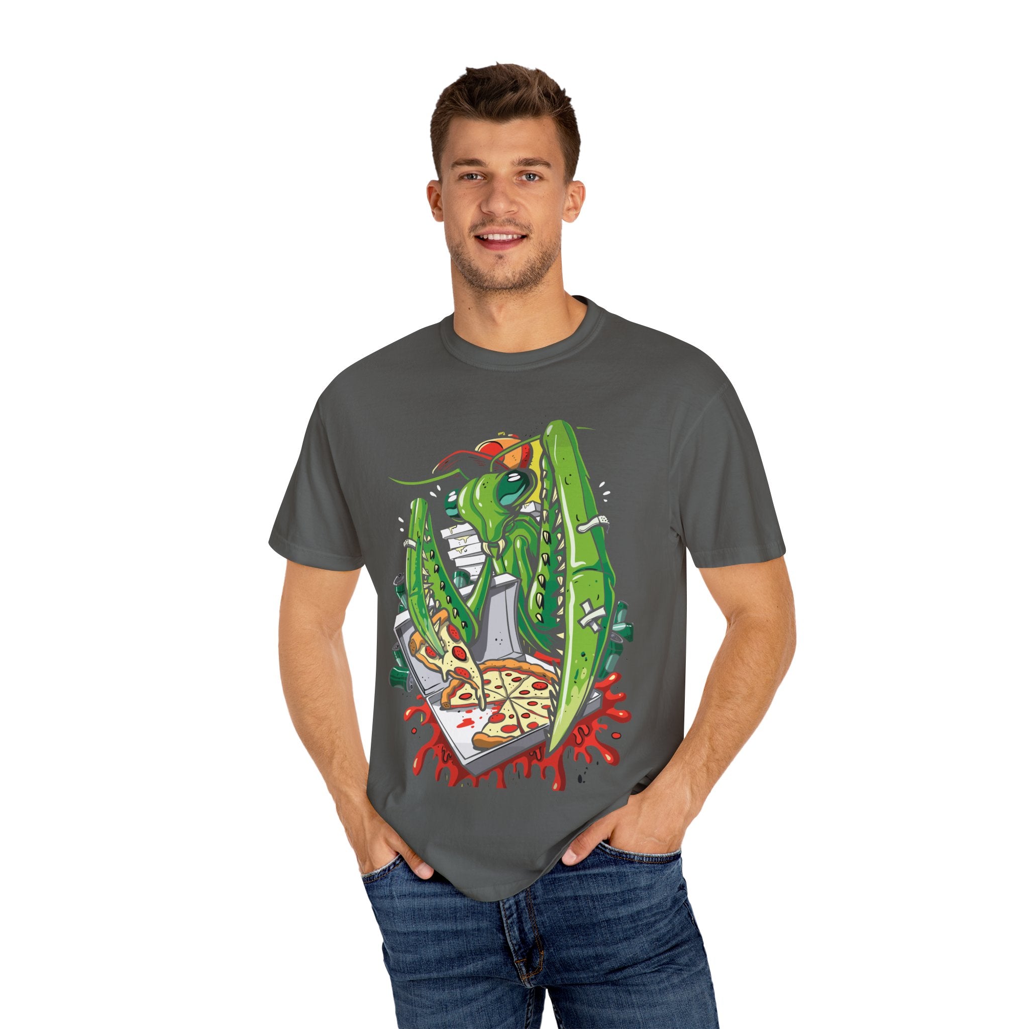Green Praying Mantis Pizza Tee - Fun Graphic Shirt Design - Sinful Threads