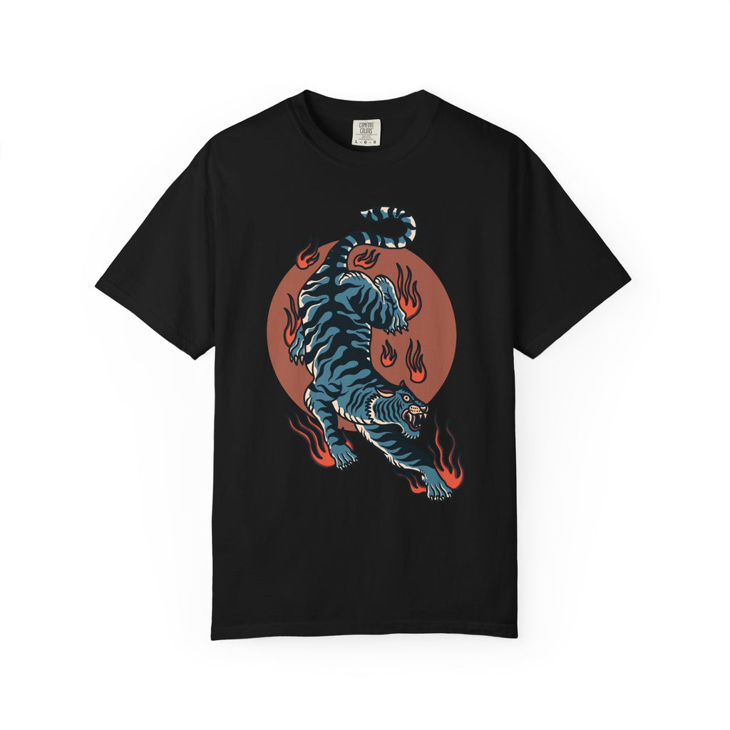 Blue tiger shirt - flame design tee - animal graphic gift - Sinful Threads