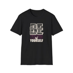 Black t-shirt with 'BE PROUD of YOURSELF' text design on a white background