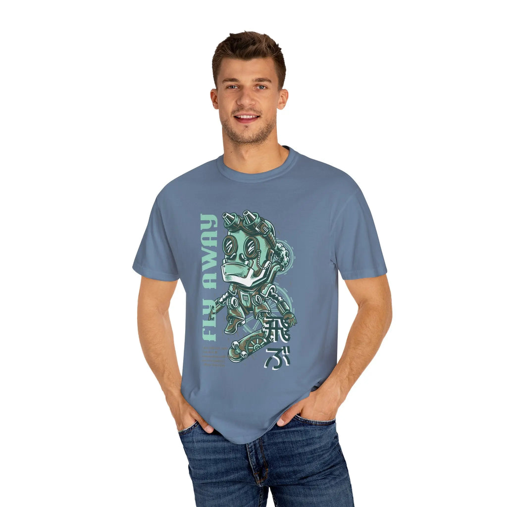 Fly Away Steampunk Robot With Japanese Text Design T-Shirt - Sinful Threads