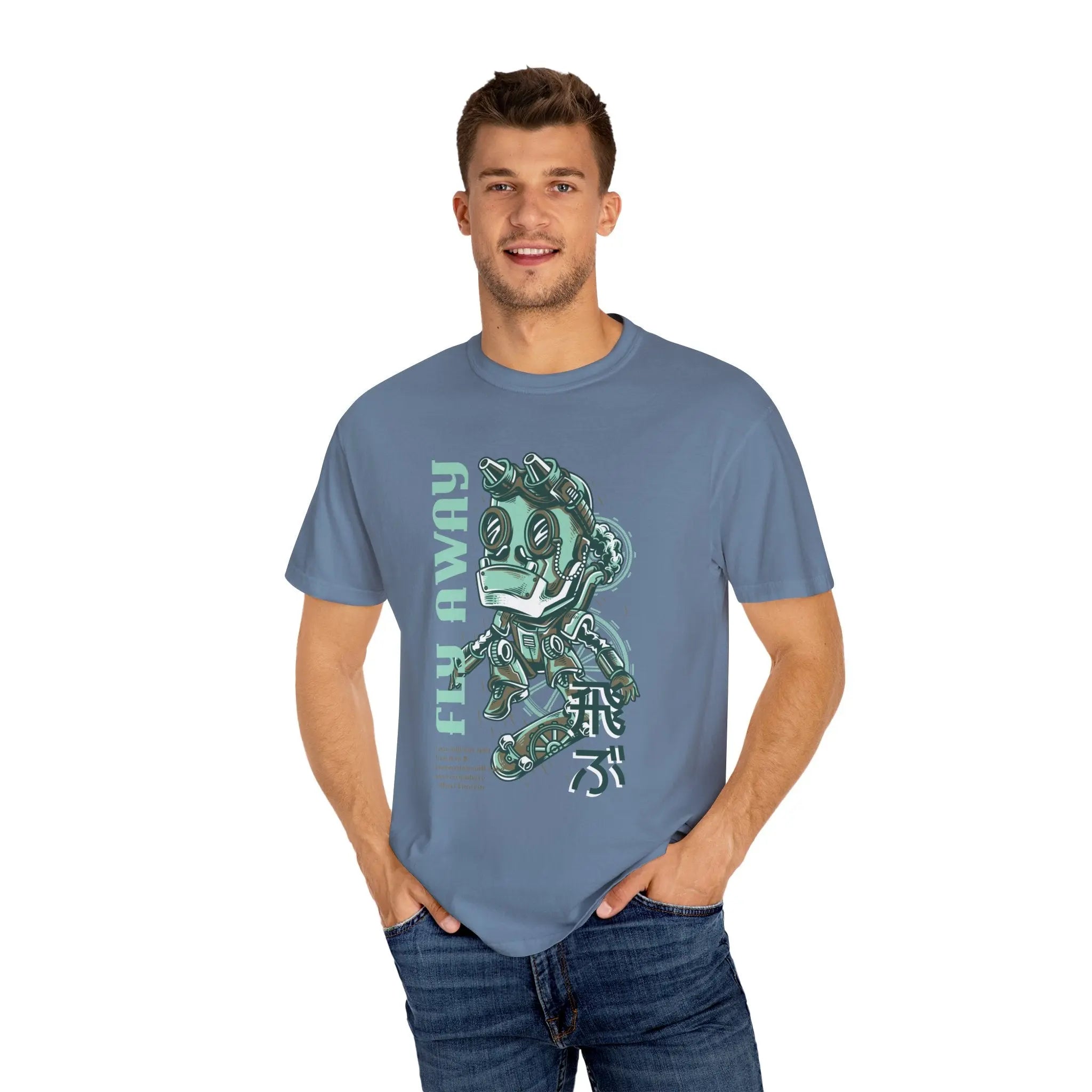 Fly Away Steampunk Robot With Japanese Text Design T-Shirt - Sinful Threads