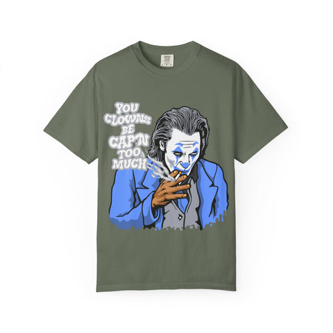 Green t-shirt with a graphic of a clown smoking and text on a white background