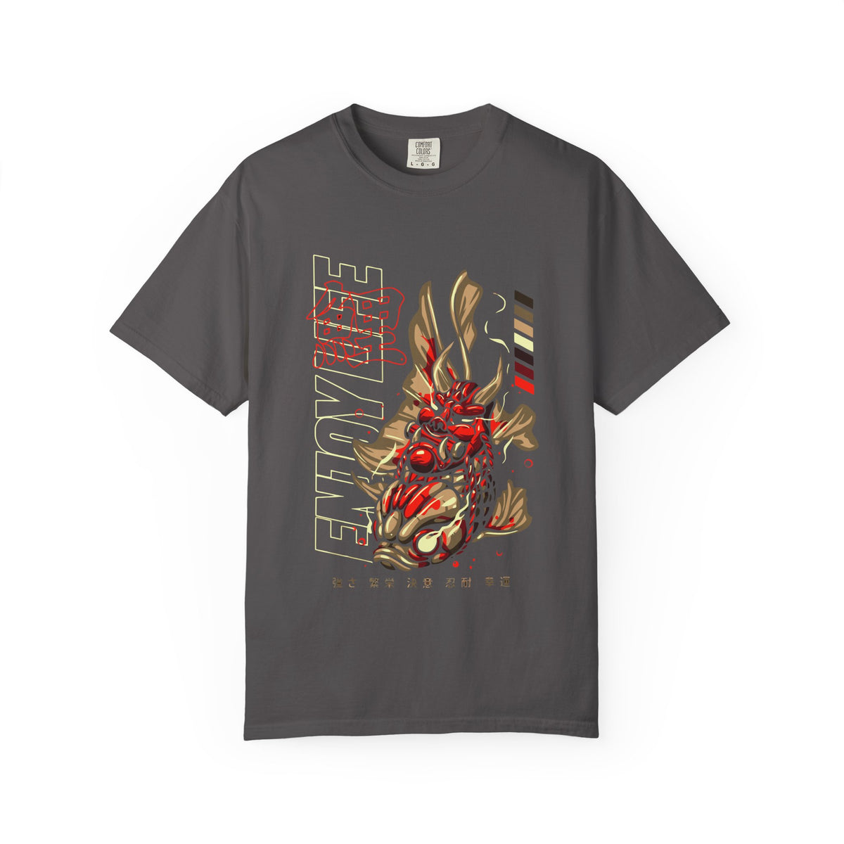 Gray t-shirt with a dragon design and text on a white background