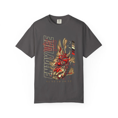 Gray t-shirt with a dragon design and text on a white background