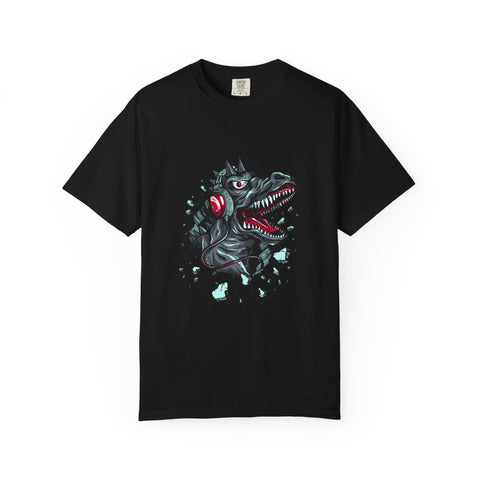 Dinosaur with Headphones Breaking Wall Graphic Design T-Shirt - Sinful Threads