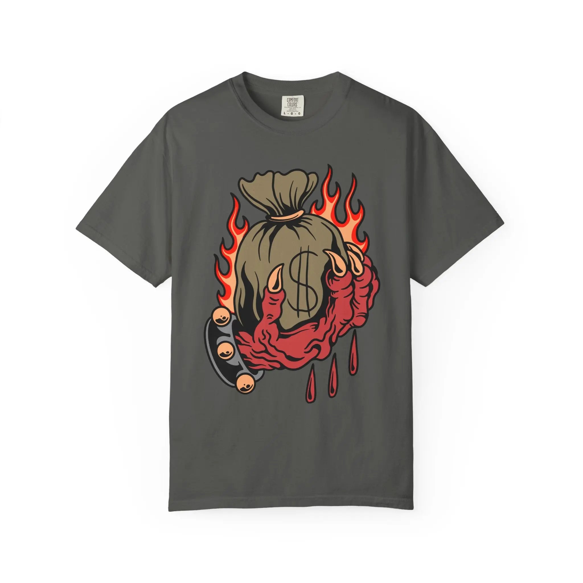 Money Bag Shirt - Devil's Hand Flaming Dollar Tattoo Tee - Sinful Threads
