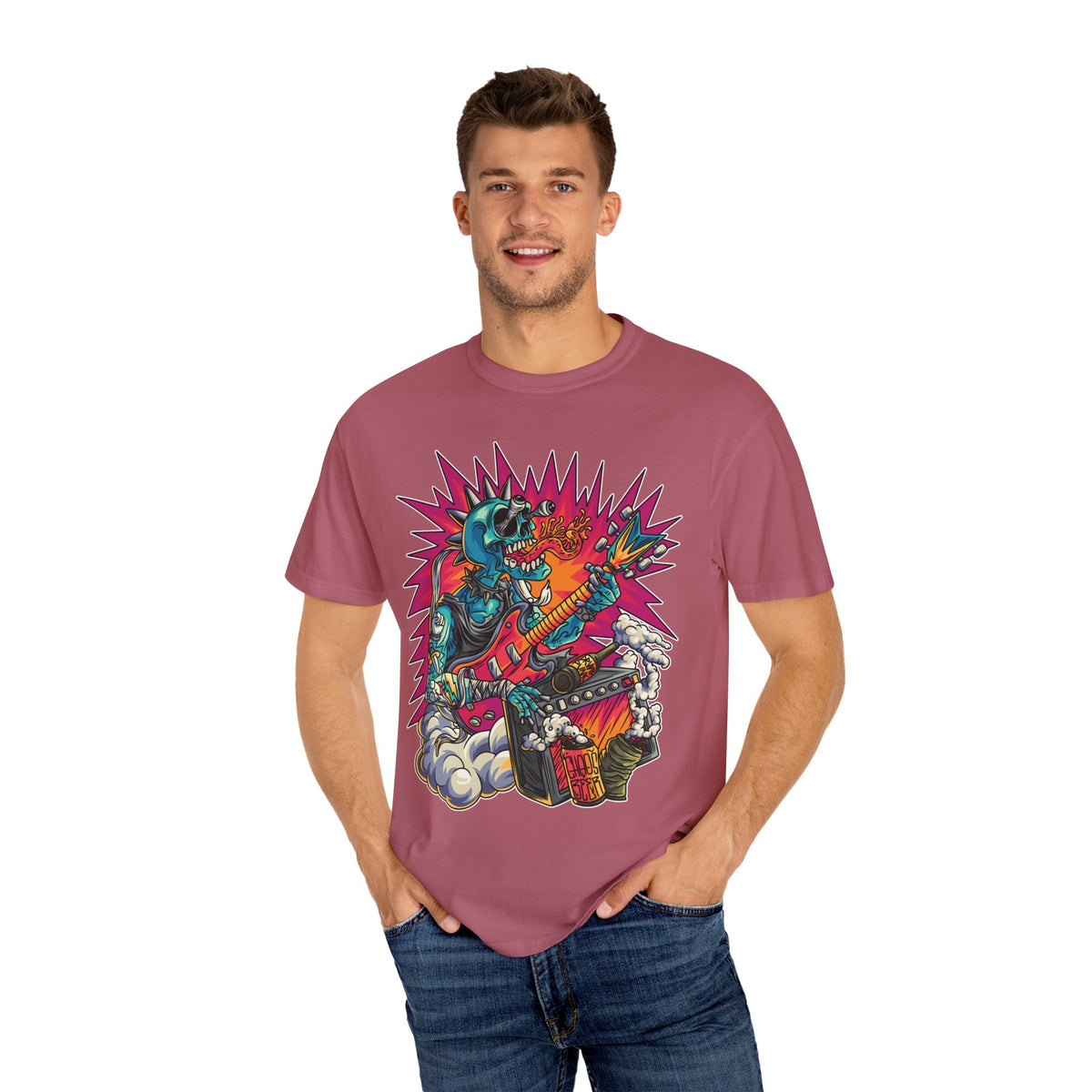 Rock Skull Guitarist Tee – Punk Metal Skeleton Shirt