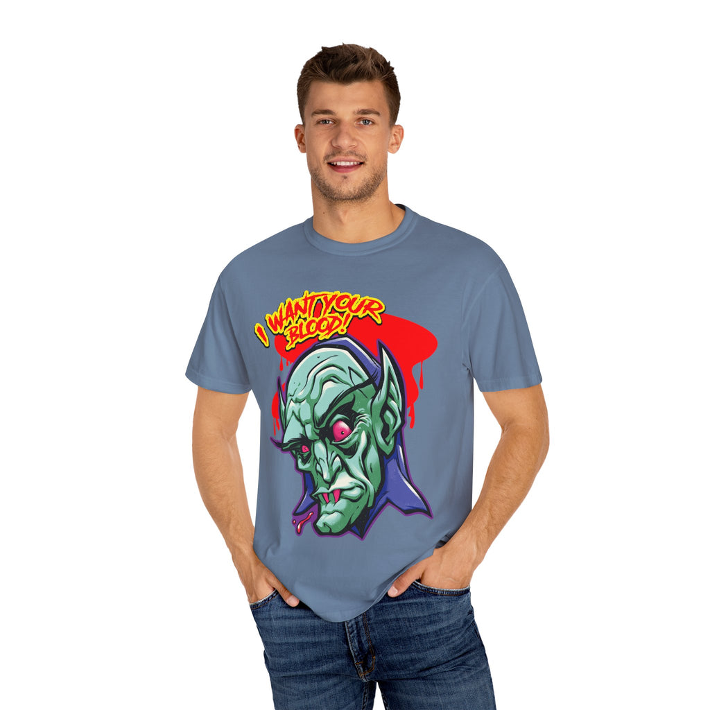 Dracula Cartoon Graphic Tee - I Want Blood Vampire Shirt - Sinful Threads