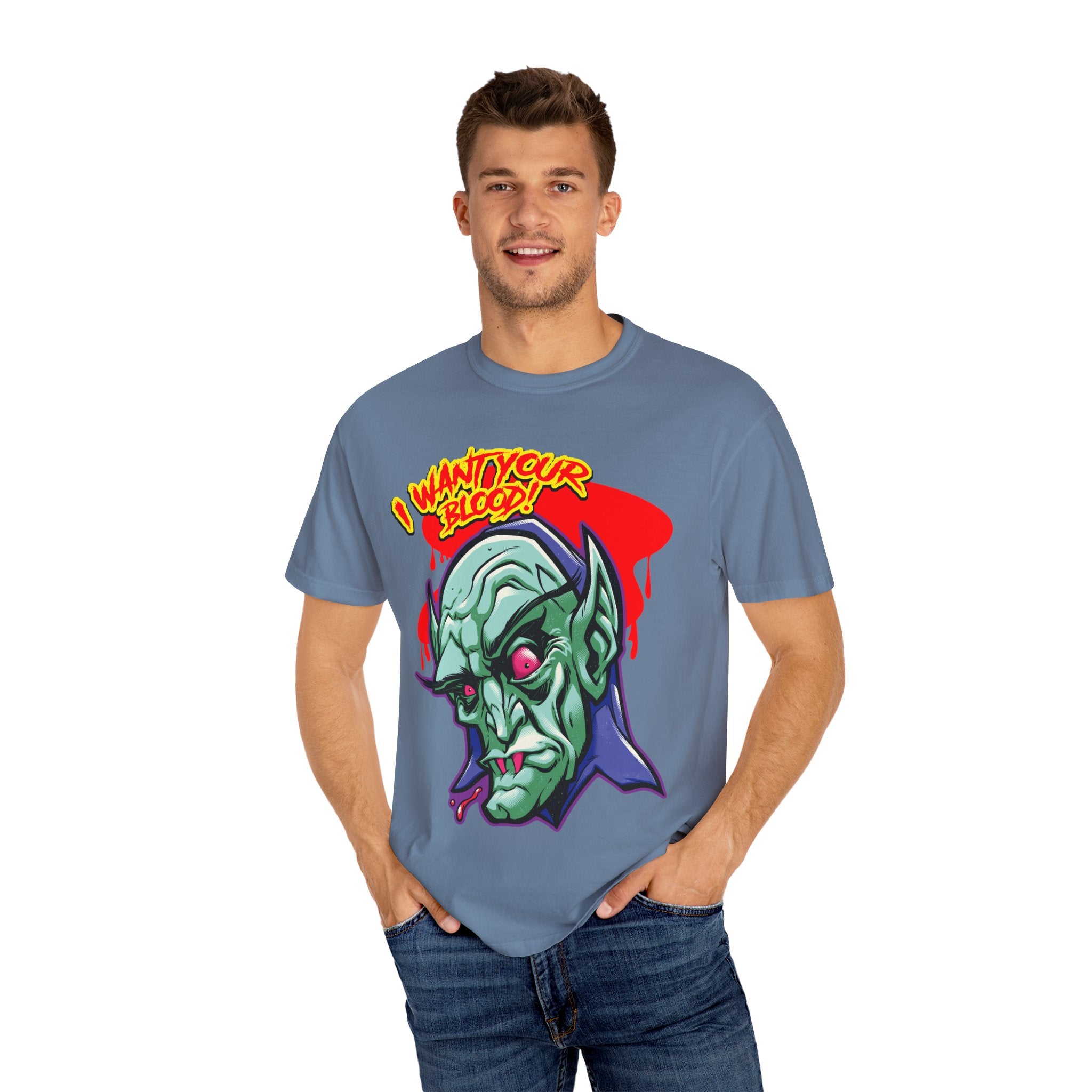 Dracula Cartoon Graphic Tee - I Want Blood Vampire Shirt - Sinful Threads