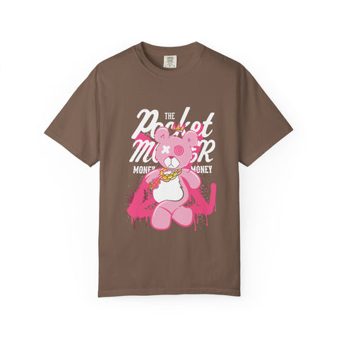 Brown t-shirt with a pink cartoon bear and text on a white background