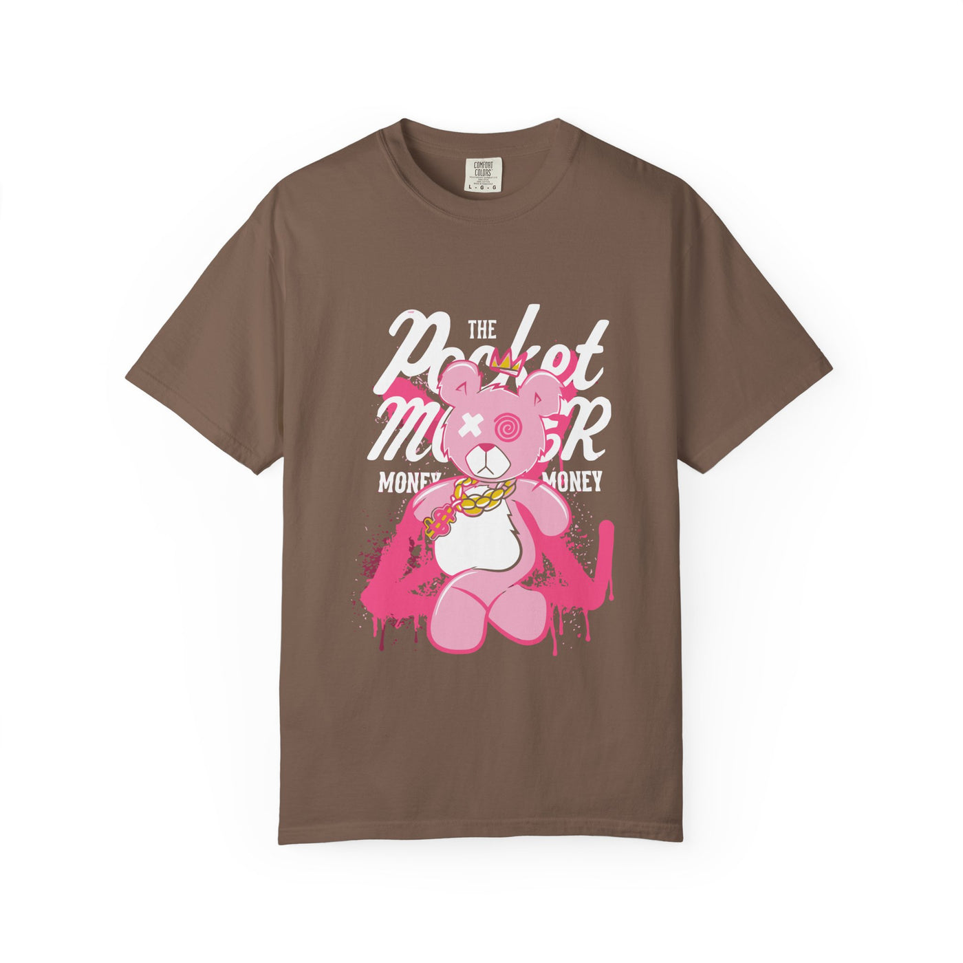 Brown t-shirt with a pink cartoon bear and text on a white background
