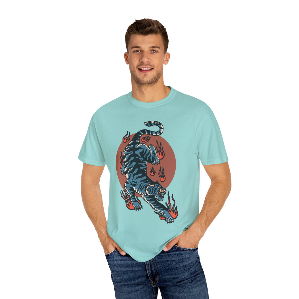 Blue tiger shirt - flame design tee - animal graphic gift
