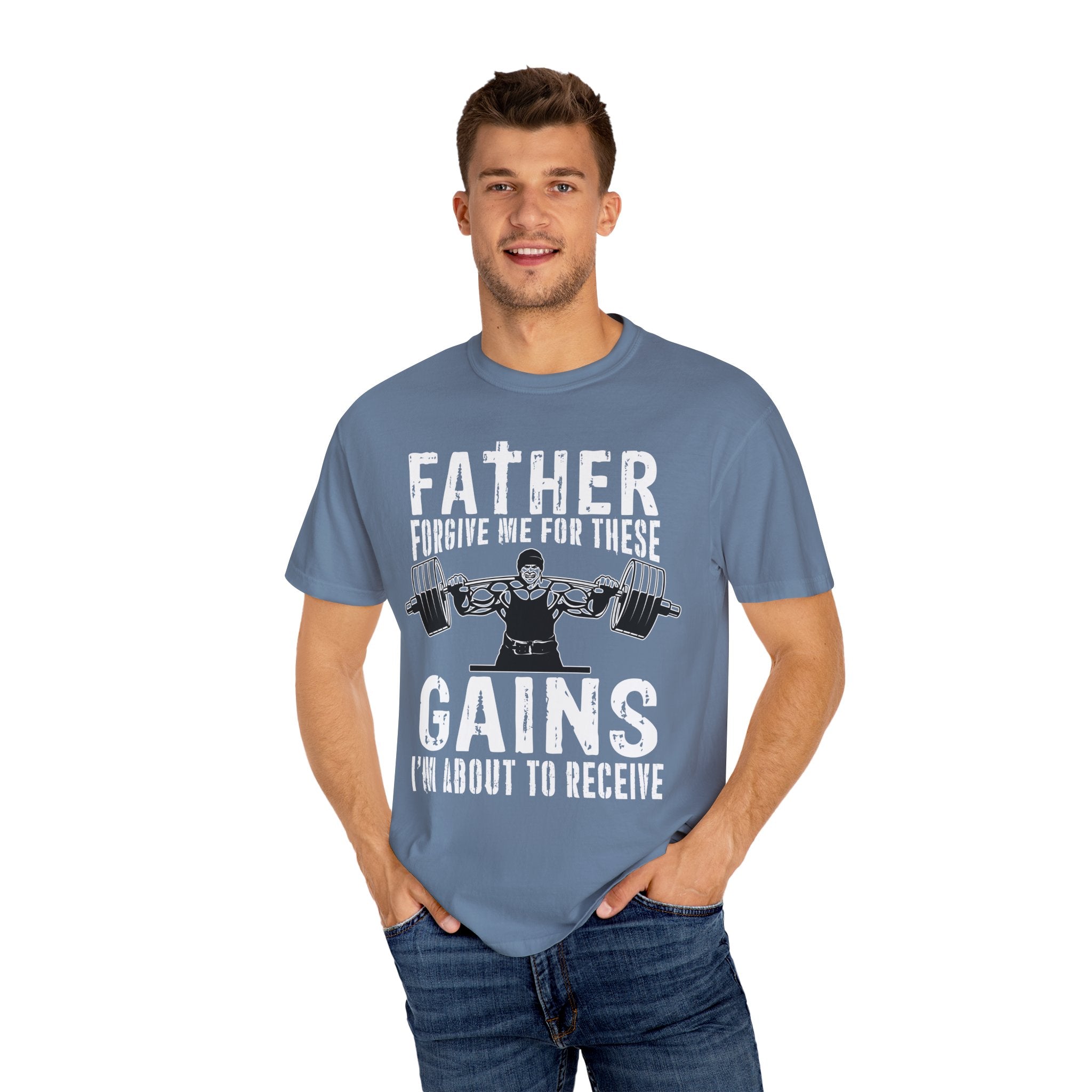Father Forgive Gains Gym Shirt - Christian Humor Gift - Sinful Threads