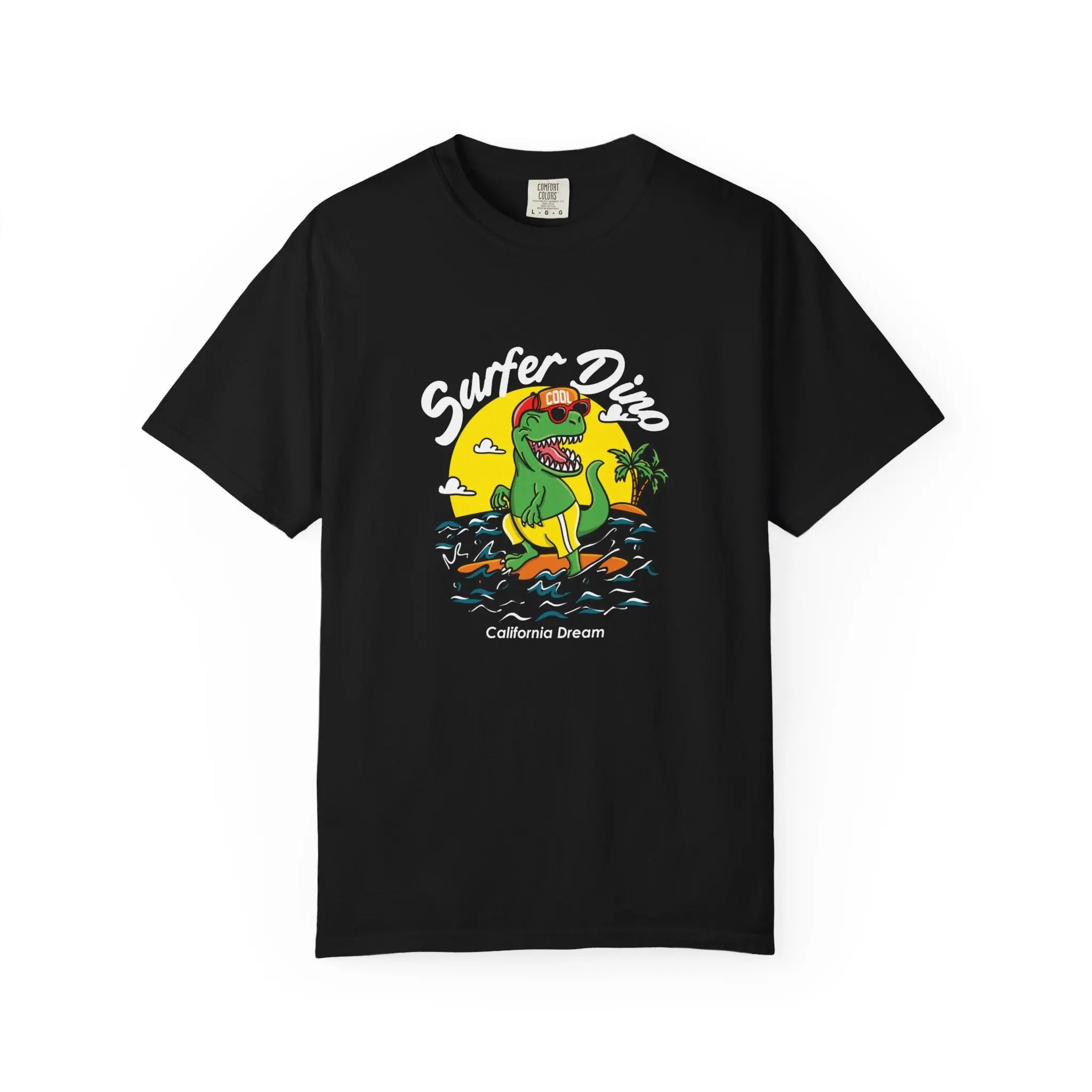 California Dream Surfing Dinosaur In Waves With Palm Tree Graphic T-Shirt - Sinful Threads